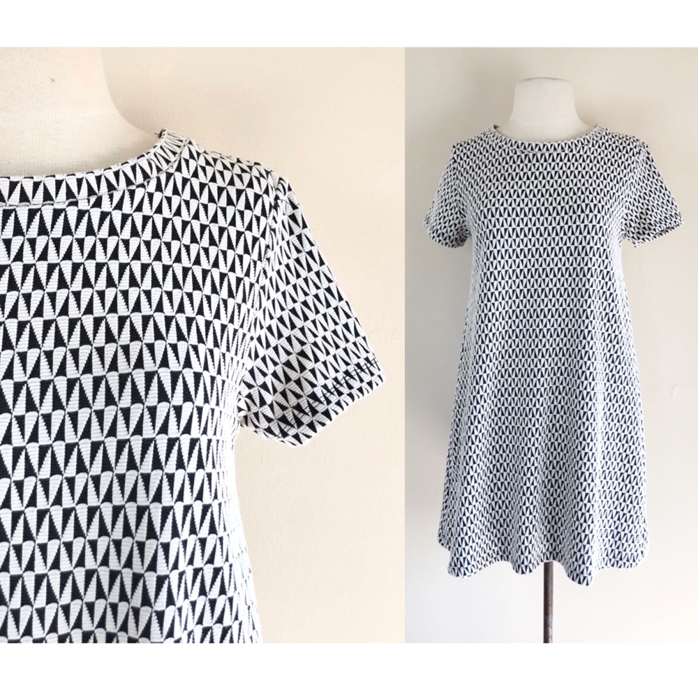 black and white zara mod dress babydoll twiggy geometric block print mod mcm 90s